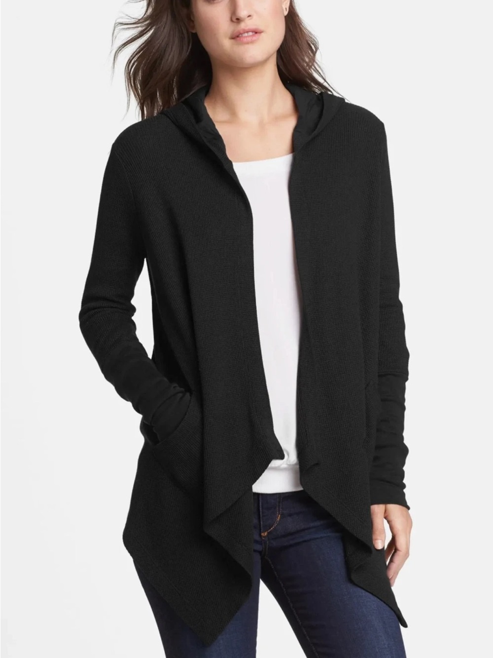 Splendid‎ Waffle Knit Thermal Hooded Open Black Cardigan